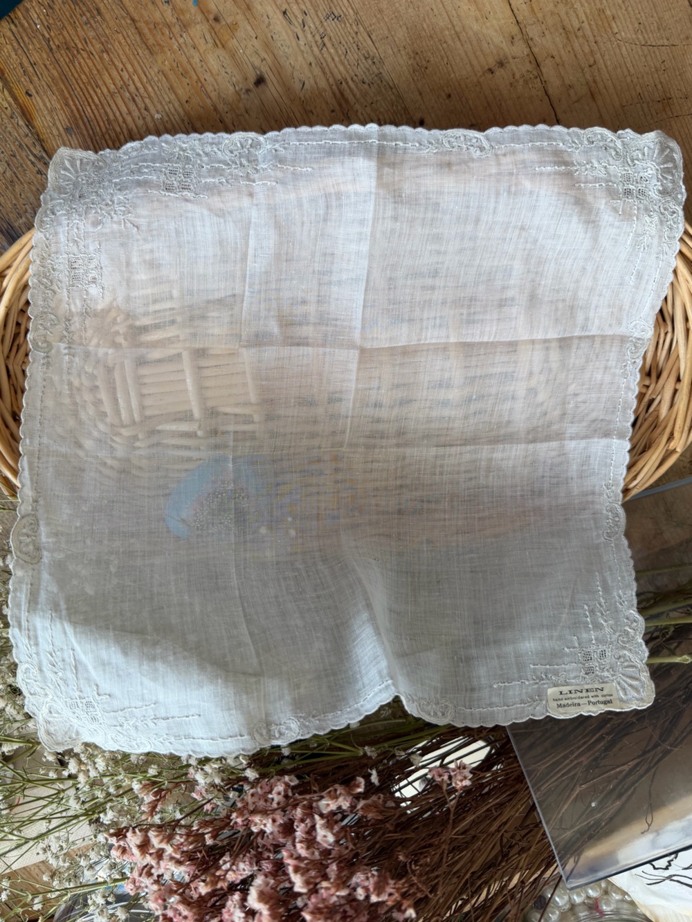Antique Irish linen hand embroidered handkerchief